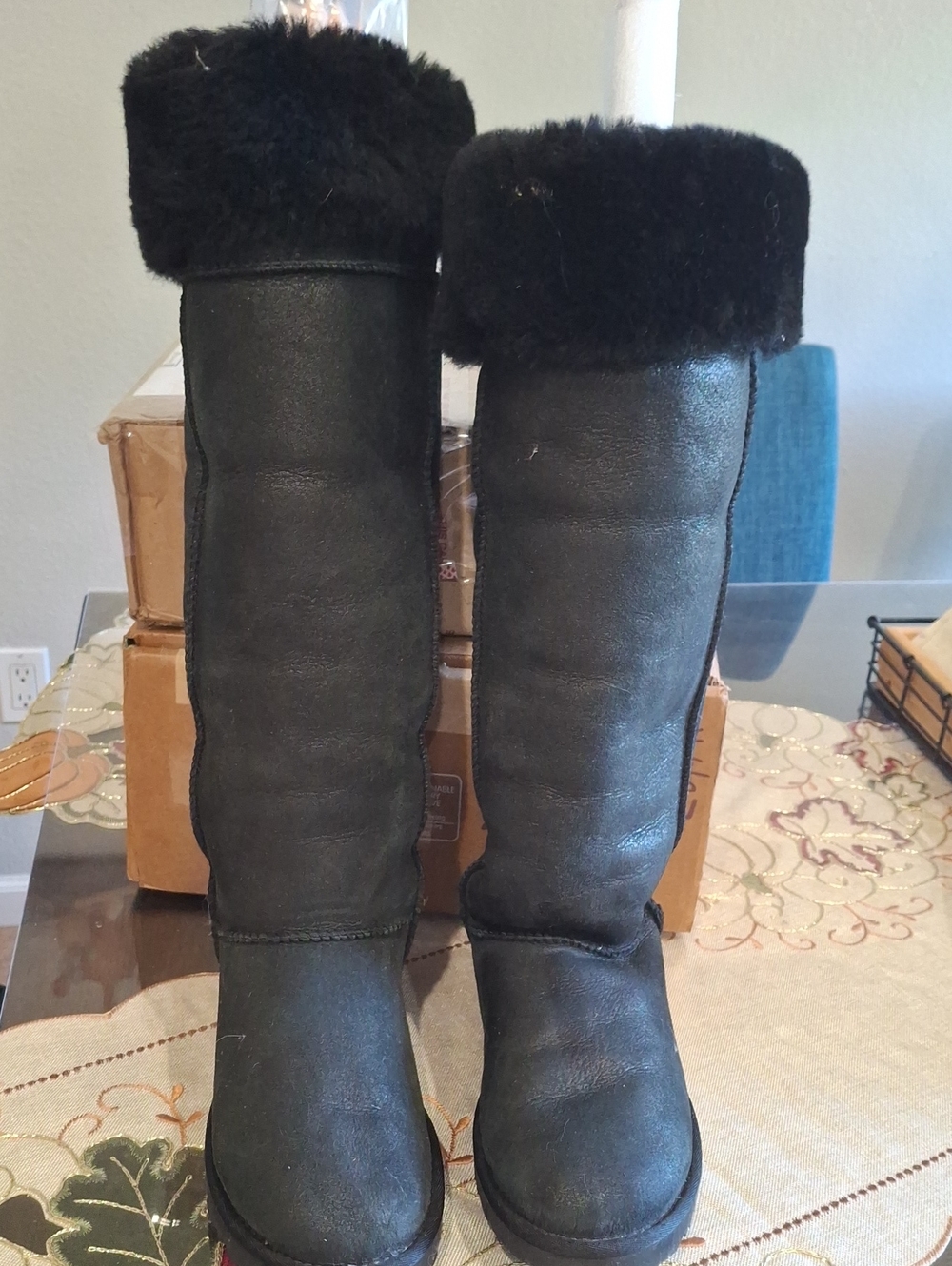 UGG Black Tall Shearling Cuff Winter Boots